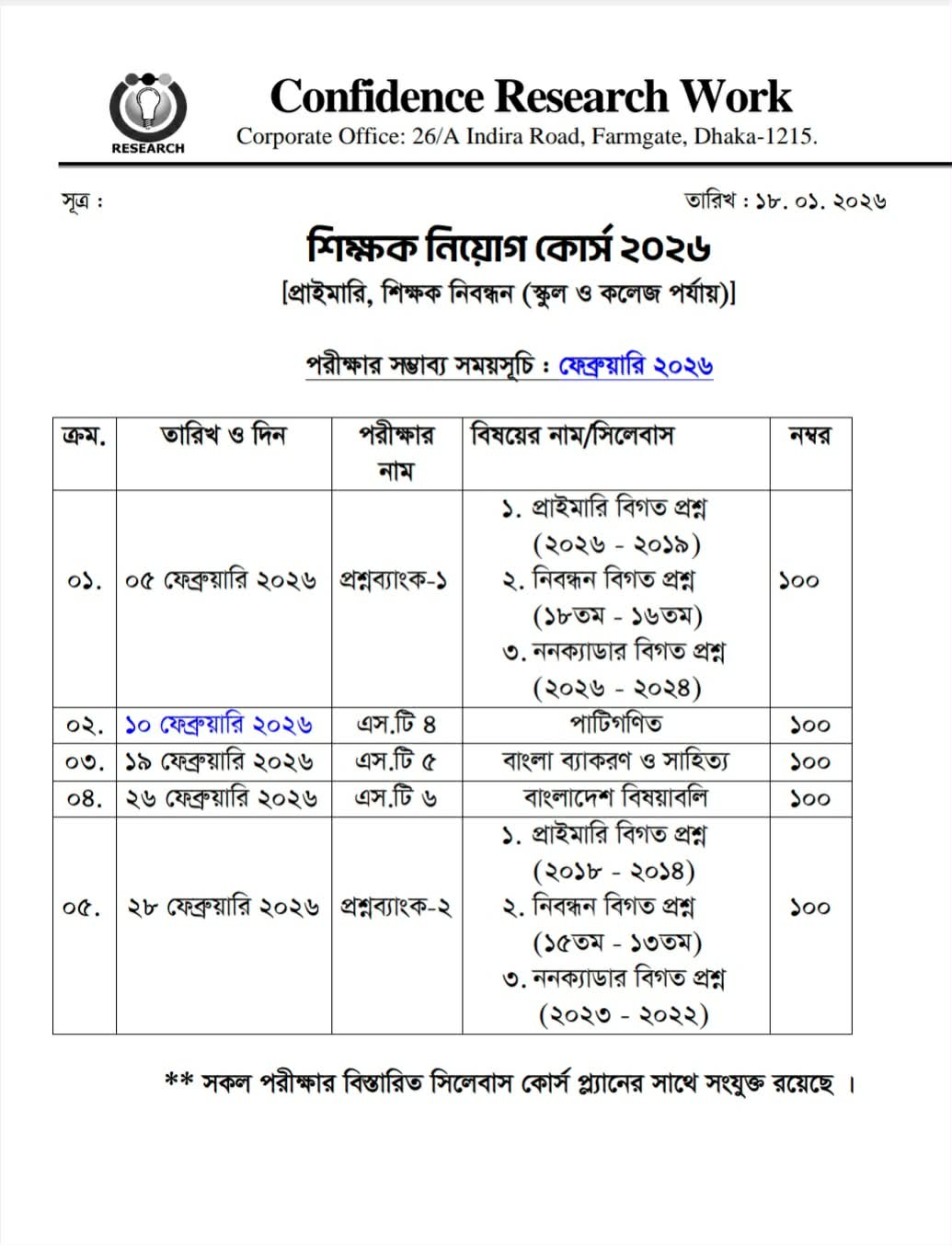 শিক্ষক নিয়োগ কোর্স ব্যাচ-০২ পরীক্ষার সিলেবাস ও রুটিন