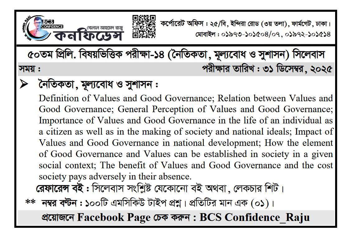 ৫০তম BCS প্রিলি. রেগুলার ব্যাচের বিষয়ভিত্তিক পরীক্ষা-১৪ (নৈতিকতা, মূল্যবোধ ও সুশাসন)